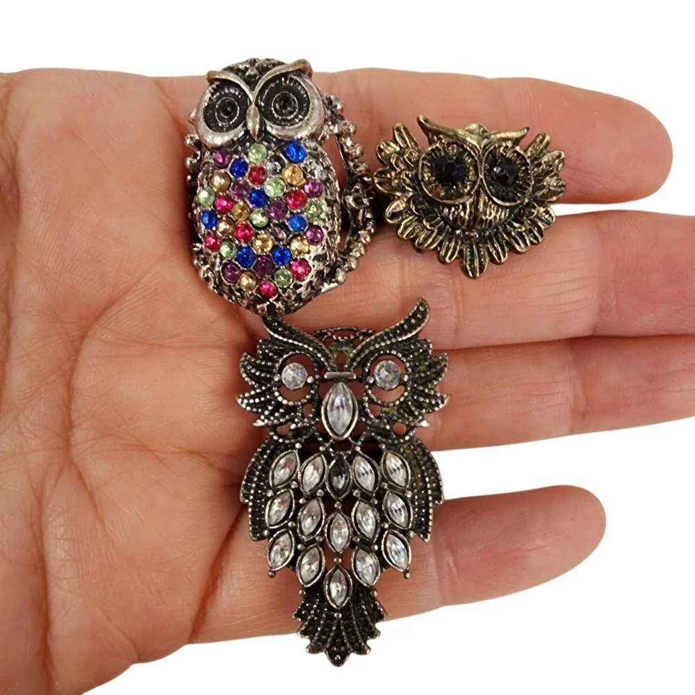 Bundle of 3 Owl Rings Antique Silver And Brass Tone With Rhinestones - Picture 12 of 15